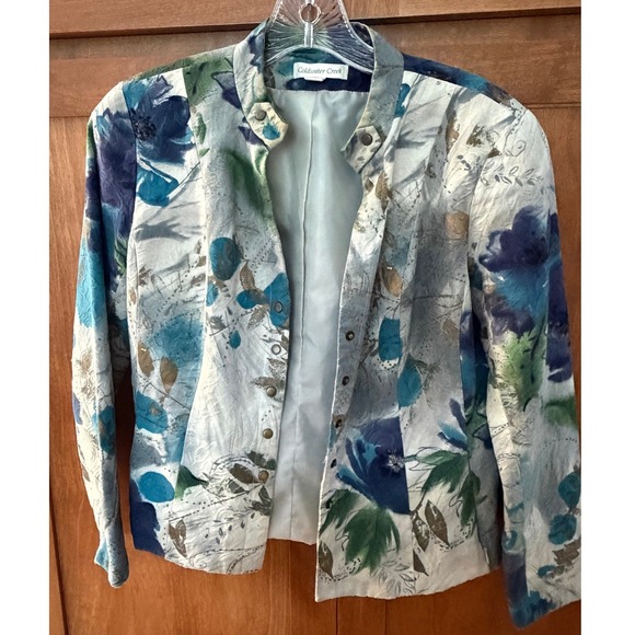 Coldwater Creek Jackets & Blazers - Coldwater Creek Women 6Petite Floral Tapestry Jacket Snap Button Blazer Blue